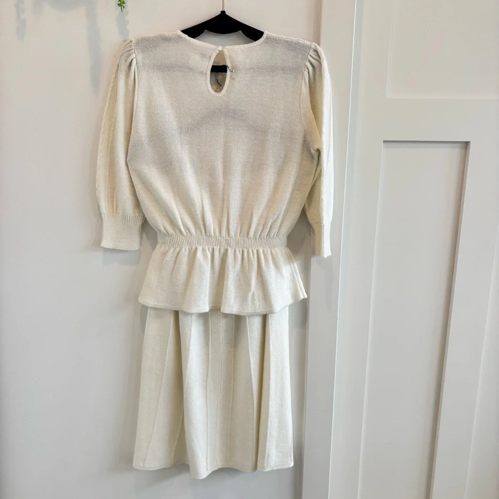 Vintage 70's Savion by Ignacy Feuer Cream Women's Knit Skirt Set Peplum Size 10